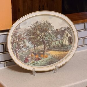 Vintage Oval Decorative Plate with Autumn Scene